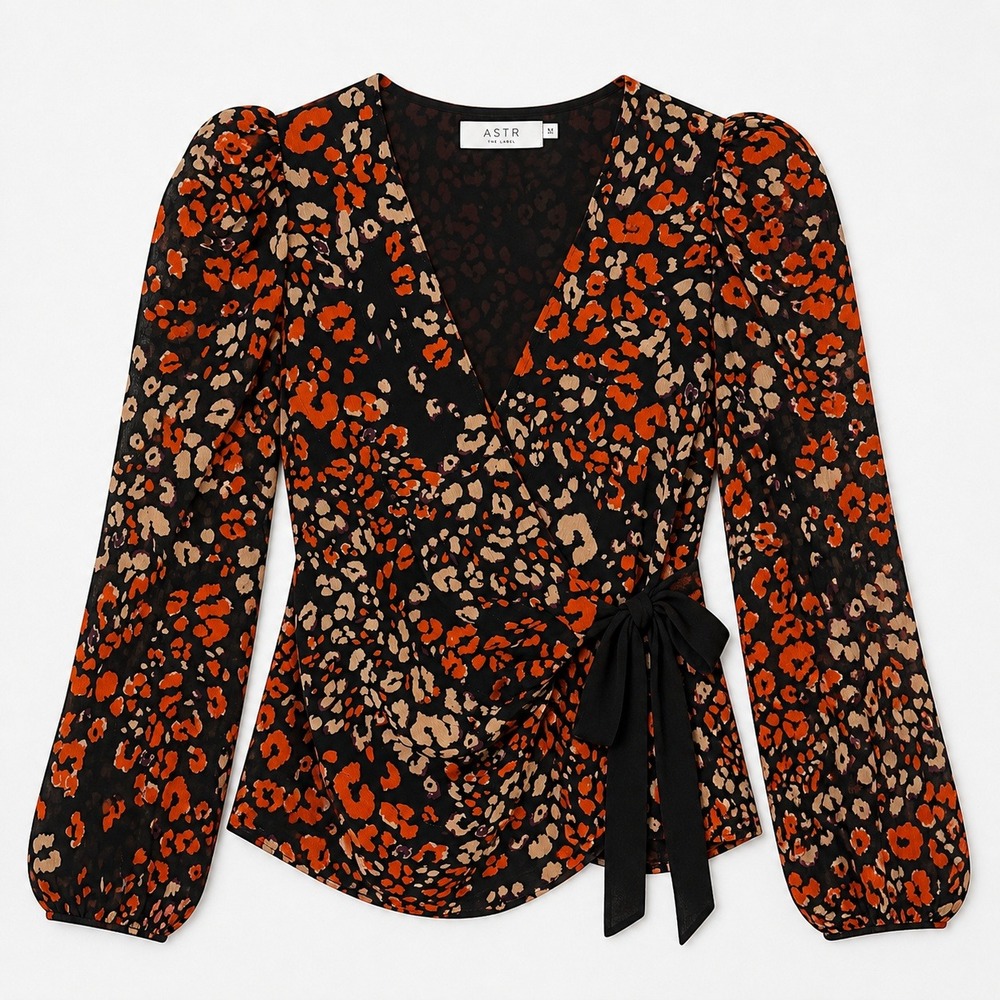 ASTR The Label‎ Chiffon Leopard Print Wrap Top Metallic M Coquette Dark Fairy